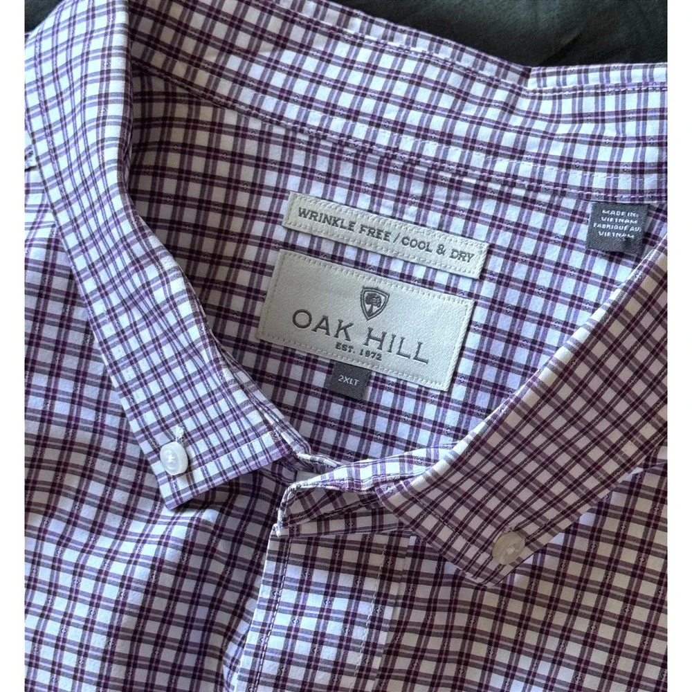 Oak Hill‎ Mens 2XLT Purple Gingham Plaid Button Down Shirt Wrinkle Free Cool Dry